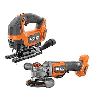 RIDGID 18V cordless combo kit containing brushless jig saw and 4-1/2" angle grinder with T-shank blade, vacuum attachment, and side handle.