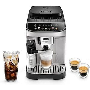 De'Longhi Magnifica Evo black automatic espresso and coffee machine with integrated milk frother dispenser on front.