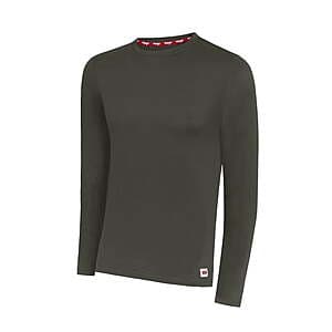 Wrangler men's brushed performance thermal long sleeve base layer shirt in Dark Military Green, displayed flat.