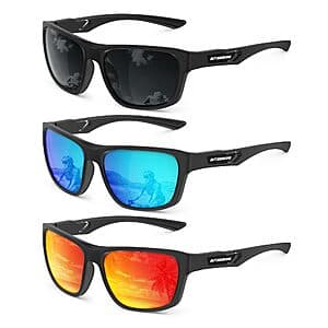 Set of 3 KALIYADI men's polarized sport sunglasses with microfiber pouches and cleaning cloths in assorted colors.