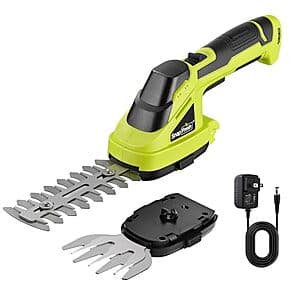 Green SnapFresh 7.2V cordless handheld grass shear and hedge trimmer with compact design.