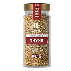 McCormick Gourmet Organic Thyme in a 0.65-oz container with green labeling.
