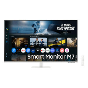 Samsung M70F 43-inch 4K Smart VA monitor with white bezel and stand, displaying 3840x2160 resolution.
