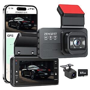 Zengest 4K+1080P Dual Dash Cam w/ 5G WiFi, 64GB Card, Night Vision & 24H Parking Mode $36 + Free S&H