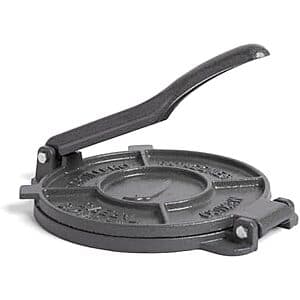 8-inch heavy-duty cast iron empanada press with dual handles and hinged design for pressing dough.