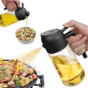 Collection of four items: a kitchen oil sprayer, a compact HD monocular with focusing lens, a set of black charging port dust plugs with cleaning brush, and a small wooden 8-key thumb piano.