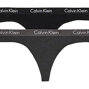 2-pack of Calvin Klein Motive cotton thong panties in charcoal heather and black colorways.