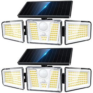 Black KOOPER solar flood light with three adjustable heads, 210 LEDs, and motion sensor for outdoor security lighting.