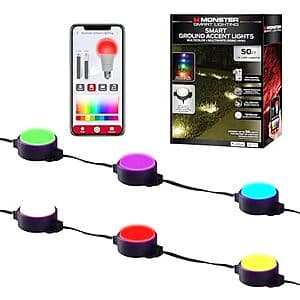 50ft coiled smart outdoor light strip with 15 bright LEDs, ground stakes, and wall/ceiling mounts included.