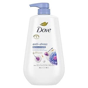 30.6-oz bottle of Dove Anti-Stress Body Wash in Blue Chamomile with a blue pump dispenser.