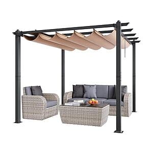 Beige 10×10 foot outdoor retractable pergola with aluminum frame and sliding canopy shade, suitable for patios and gardens.