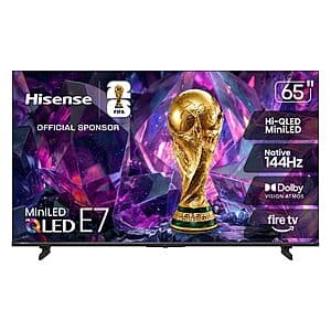 Hisense 65-inch 4K Ultra HD Smart Fire TV with black bezel and stand, displaying cinema-quality picture with Hi-QLED Mini-LED technology and integrated Alexa voice remote.