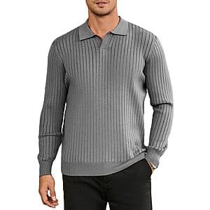 Hardaddy Men's Ribbed Knit Long-Sleeve Polo Sweater with V-neck collar in a ribbed knit fabric blend.