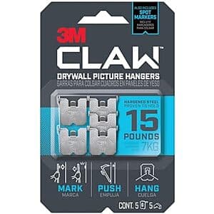 5-Pk 3M Claw Drywall Picture Hanger w/ Temporary Spot Marker (Up to 15 Lbs) $5.20