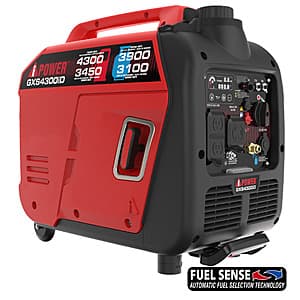 A-iPower 4300W dual fuel inverter generator with black frame and red accents, featuring a control panel and dual fuel capability for gasoline or propane operation.