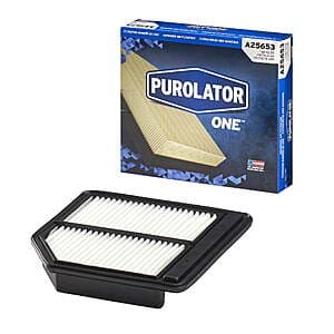 Purolator A25653 cylindrical engine air filter with pleated white filtration media and black plastic end caps.