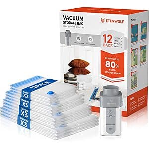 12-Pk ETENWOLF Vacuum Storage Bags w/ USB-C Rechargeable Air Pump $10