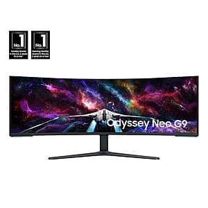 Samsung monitor bundle featuring a 57-inch curved Odyssey Neo G9 gaming monitor with Dual 4K display alongside a 27-inch Essential S30GD IPS monitor with 1080p resolution.