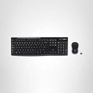Logitech MK270 wireless keyboard and mouse combo kit showing black keyboard and matching mouse with USB nano receiver.