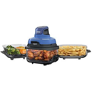 Ninja CRISPi 5-in-1 portable glass air fry cooking system with clear glass bowl and black body.