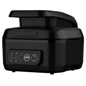 Black George Foreman 6-quart 7-in-1 electric indoor grill and air fryer with digital controls and non-stick cooking surface.