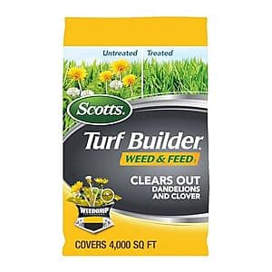 11.32-lb bag of Scotts Turf Builder Weed and Feed with green and white packaging, showing product name and lawn care imagery.