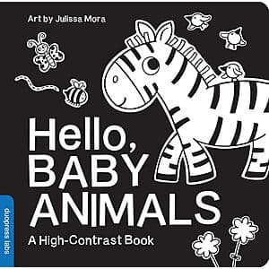 Black-and-white high-contrast baby board book with simple, bold imagery designed for infant visual stimulation.