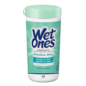 Package of Wet Ones Unscented Hand and Face Wipes in a 40-count quantity, featuring a white and blue label design.