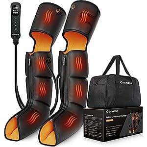 QUINEAR full-leg compression massager with zippered sleeve, LCD display controller, and black compression chambers for therapeutic leg therapy.