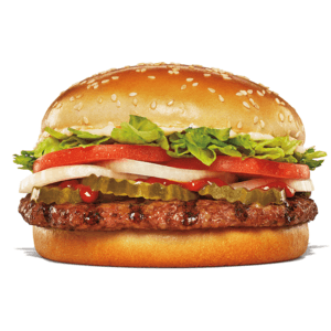 Burger King classic Whopper sandwich with flame-grilled beef patty, sesame bun, lettuce, tomato, onion, and sauce.