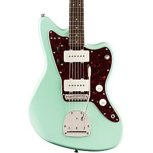 Fender electric guitar displayed in Surf Green, Daphne Blue, or Shell Pink finish with C-shaped maple neck visible from the front.