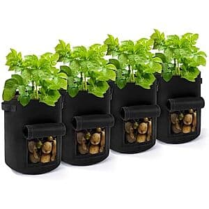 Set of four dark-colored 10-gallon fabric potato grow bags with reinforced handles and seams for durability.