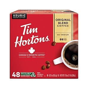 48-Ct Tim Hortons Original Blend Medium Roast Coffee K-Cup Pods $20