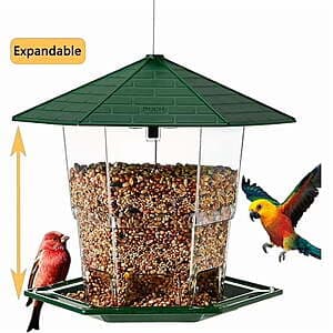 Green PHANCIR hanging bird feeder with expandable 7.8-inch tall design, featuring waterproof housing, drainage holes, and squirrel-proof latch mechanism.