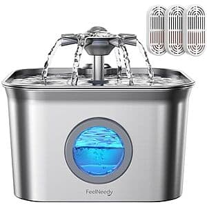 2.8L FEELNEEDY Stainless Steel Dishwasher-Safe Pet Water Fountain w/ 3 Filters $19