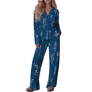 Ekouaer Women's Cotton Long Sleeve Button-Down Pajama Set w/ Pants & Pockets $15