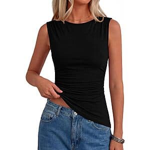 PRETTYGARDEN women's sleeveless tank top with boat neckline and ruched detailing, available in various colors.