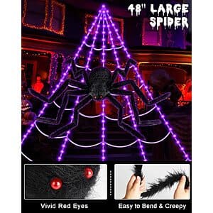 Ecohdt 16.4' Brighter LED Spider Web w/ 48" Giant Spider Halloween Decoration $15