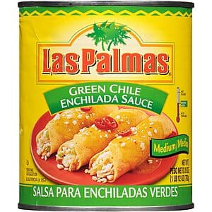 Las Palmas 28-ounce green chile enchilada sauce can with medium heat level label.