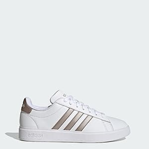 adidas Women's Grand Court 2.0 sneaker in Cloud White with Platinum Metallic accents, shown from a side angle.