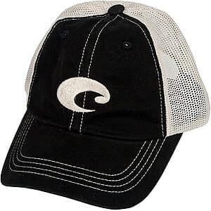 Costa Del Mar mesh trucker baseball hat in cotton and polyester blend with adjustable snap closure, shown in Blackout or Deck Grey colorway.