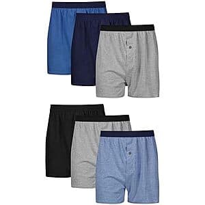 6-pack of assorted Hanes Men's ComfortSoft Jersey Knit Boxers with Comfortflex Waistband in various colors.