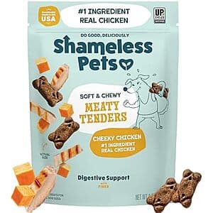 8-ounce bag of Shameless Pets Cheeky Chicken Meaty Tenders soft and chewy dog treats with product branding and packaging.
