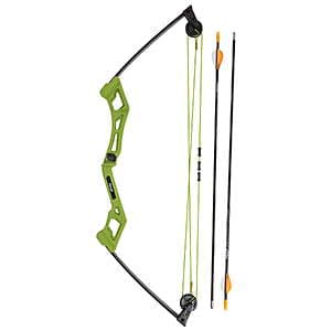 Bear Archery Apprentice 27" youth bow set in Flo Green with composite limbs and adjustable draw weight, right-handed design.