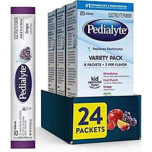Three boxes of Pedialyte Electrolyte Powder packets in assorted flavors, arranged in a variety pack.
