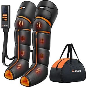 JZBRAIN full leg air compression massager with heat function, designed for feet, calves, and thighs, showing the device in white with control panel.