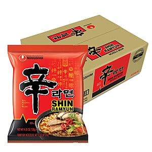 20-pack of Nongshim Shin Ramyun instant ramen noodle soup with red spicy branding on individual packages.