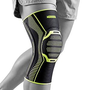 Black knee brace with side stabilizers and patella gel pad, front view showing compression support design.