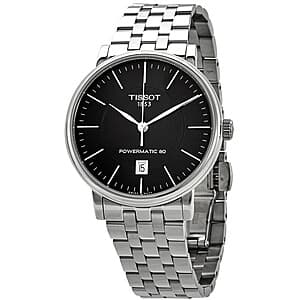 Tissot Carson stainless steel men's watch with 40mm round case, black dial, silver-tone hands, and transparent case back revealing the automatic movement.