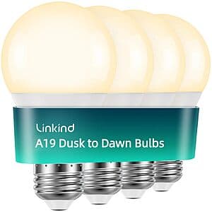 4-Pk Linkind A19 Dusk to Dawn Sensor LED Bulbs (2700K Soft White, 9.5W) $7.50